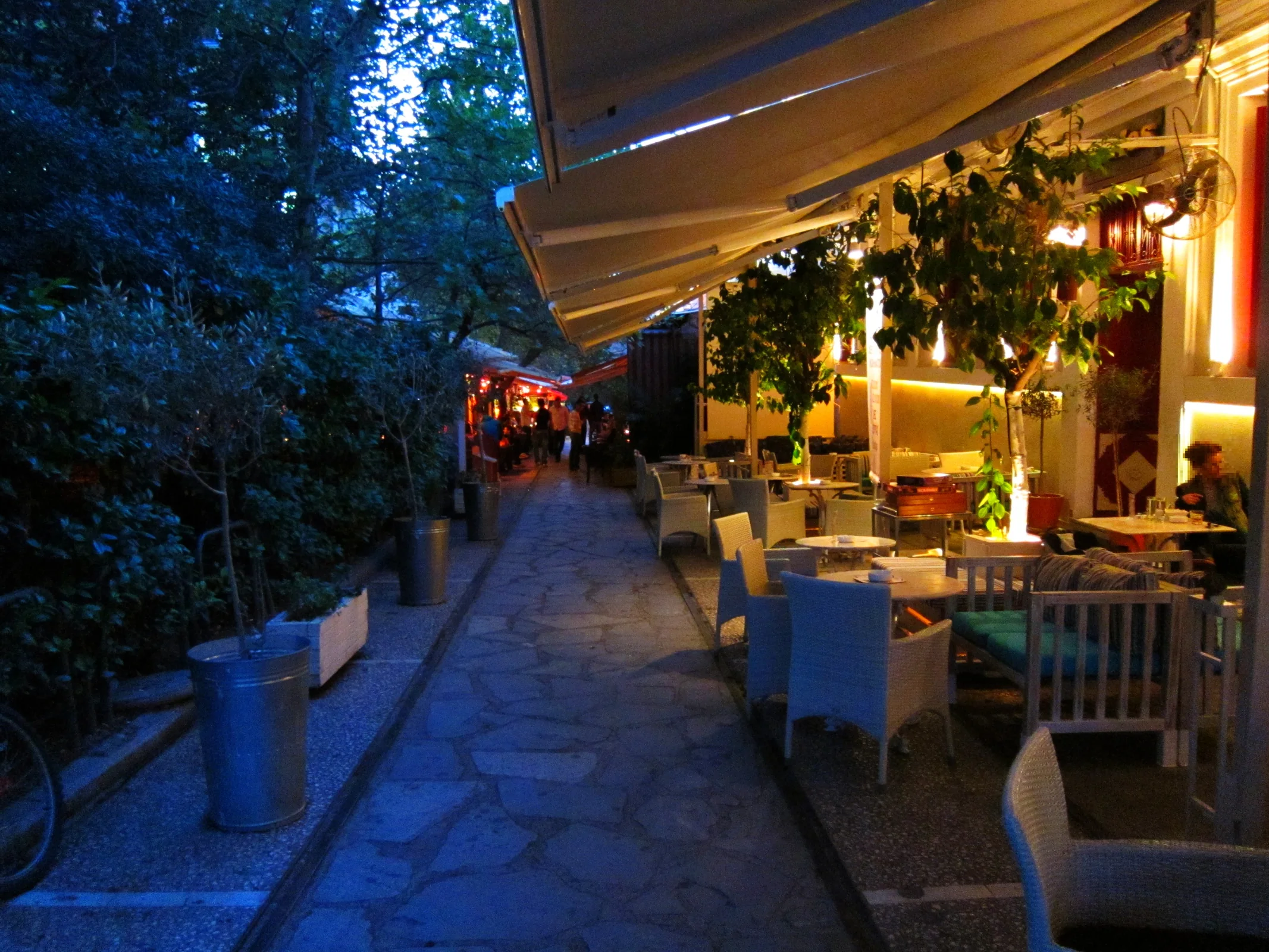A night terrace in the Irakleidon quarter of Athens.