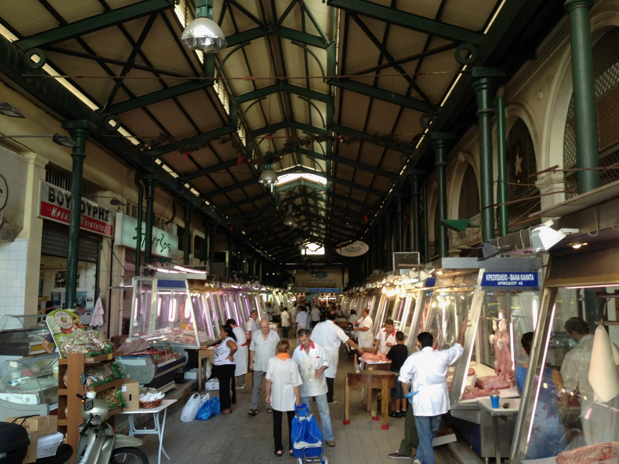 Inside the Athens Central Market, the Varvakios Agora, with stalls and traders.