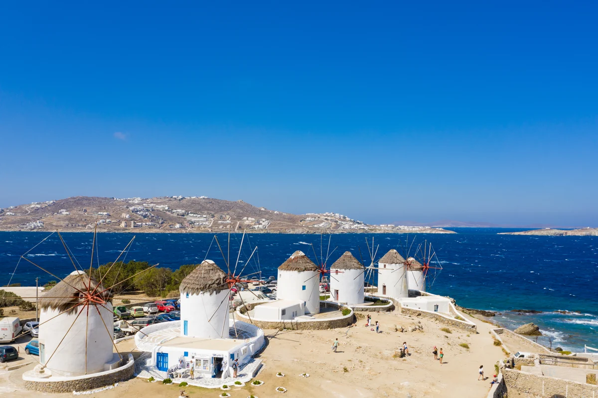 The Mykonos windmills seen from Little Venice.